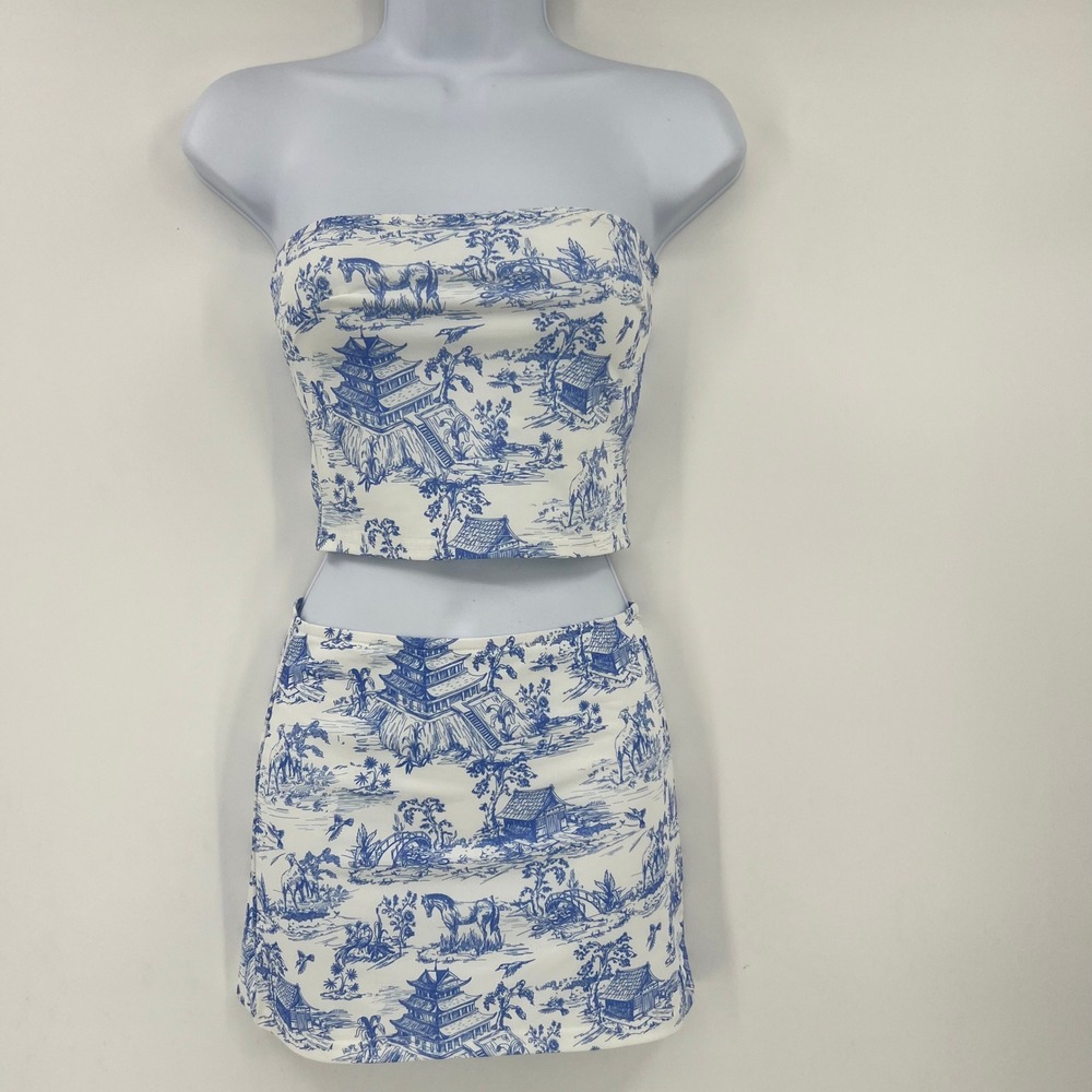 Edikted Coquette Blue Toile Scenic Print Tube Top & A-Line Mini Skirt Set XS
